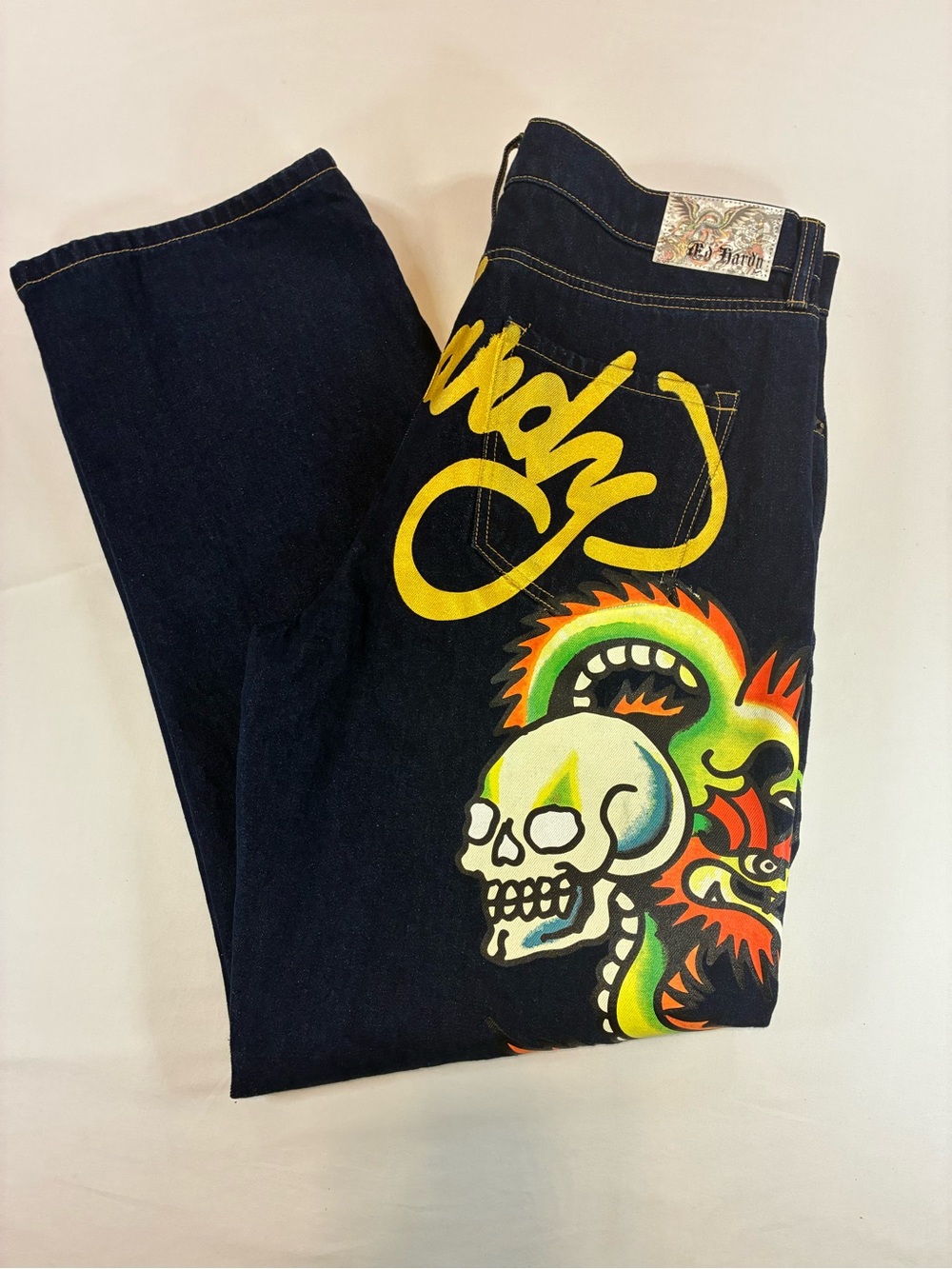 Ed Hardy Black Jeans with Yellow Script and Multicolor Skull